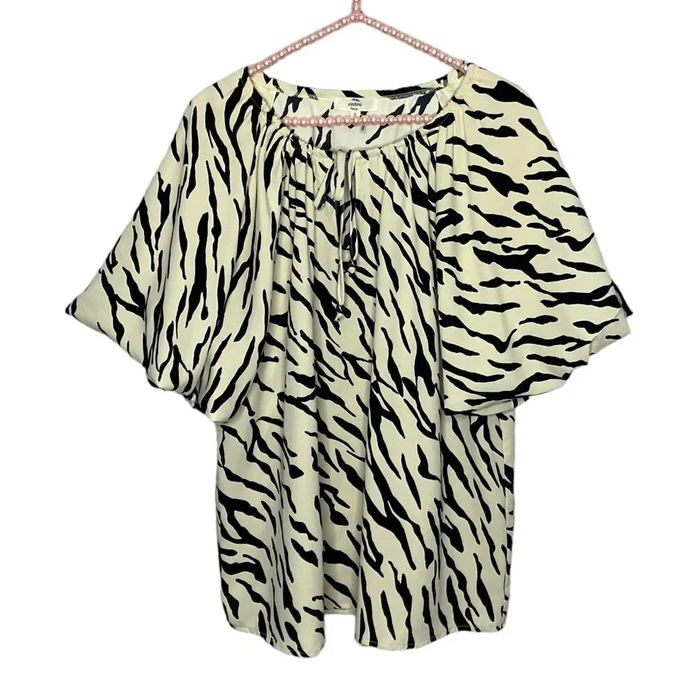 Anthropologie Small S Entro Beige Zebra Print Tie Front Puff Sleeve Pullover Top